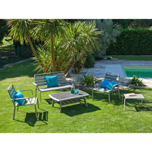 Zestaw szarego stołu ogrodowego, krzeseł, ławki i podnóżka Ezeis Spring Lounge