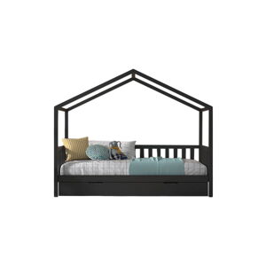 Antracytowe łóżko dziecięce z litego drewna sosnowego w kształcie domku/z wysuwanym łóżkiem ze schowkiem 90x200 cm DALLAS – Vipack