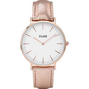 Zegarek damski z różowym skórzanym paskiem i detalami w kolorze różowego złota Cluse La Bohéme