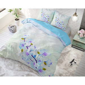 Niebieska bawełniana pościel jednoosobowa Sleeptime Sweet Flowers, 140x220 cm