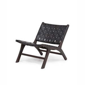 Czarny fotel z drewna tekowego i skóry wołowej Index Living Ginevra
