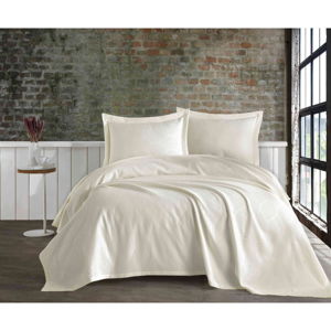 Zestaw pikowanej bawełnianej narzuty na łóżko i 2 poszewek na poduszki Saheser STN Cream, 220x240 cm