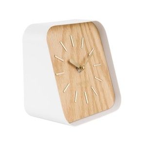 Biały metalowy zegar stołowy w dekorze drewna Karlsson Squared