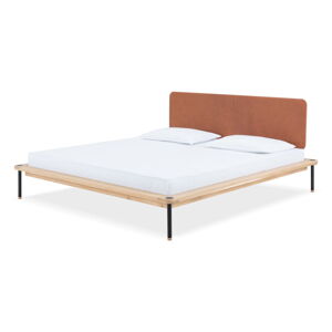 Brązowe/naturalne tapicerowane łóżko dwuosobowe z drewna dębowego z siatką 180x200 cm Fina - Gazzda