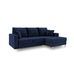 Niebieska sofa rozkładana ze schowkiem Mazzini Sofas Muguet, prawostronna