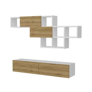 Komplet białej szafki pod TV i półki z detalami z dekorem drewna orzechowego Garetto Aristo