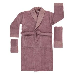 Różowo-fioletowy zestaw szlafroka i 2 ręczników (mały i kąpielowy) ze 100% bawełny Crespo, rozm. M/L